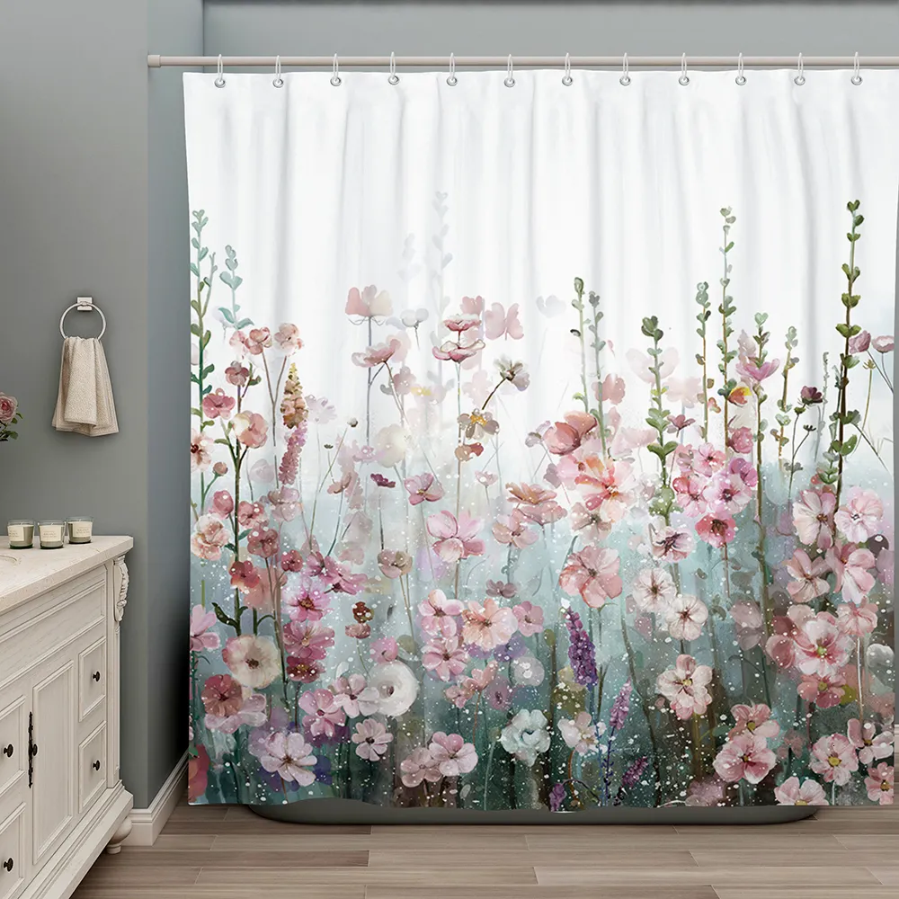 Shower Curtains Oil Painting Flowers Waterproof Shower Curtains Bathroom Curtain Anti-peeping Bath Blackout Screen Door with Hooks Home Decor 230322