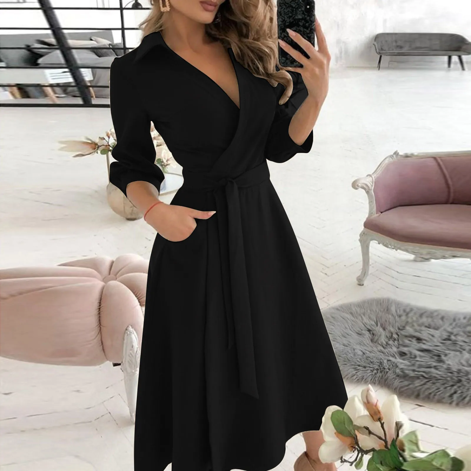 Robes décontractées Wrap noir longue robe femmes automne printemps solide à manches longues col en v robe ceinture à lacets sexy volants a-ligne robe femme robes 230323