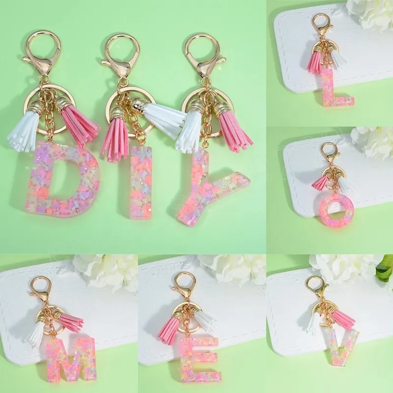 Fashion Tassel Keychains A-Z Letters Initial Resin Key Chain Women Bag Pendant Butterfly Drops Of Glue Keyring Charm Accessories