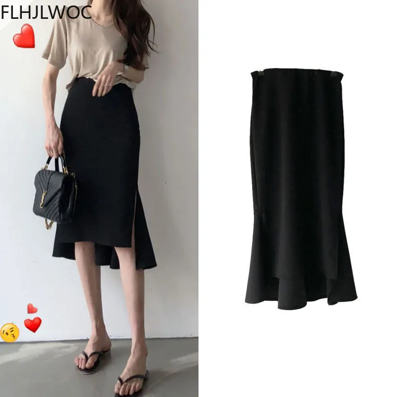 Röcke s Design Chic Korea Mode Frauen Büro Dame Solid Black Unregelmäßige Hohe Taille Tunika Lange Split Schlitz Bleistift 230322