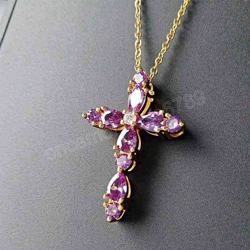 Fashion Female Zircon Pendants Imitation Amethyst Crystal Jesus Cross Necklaces for Women Jewelry Gift