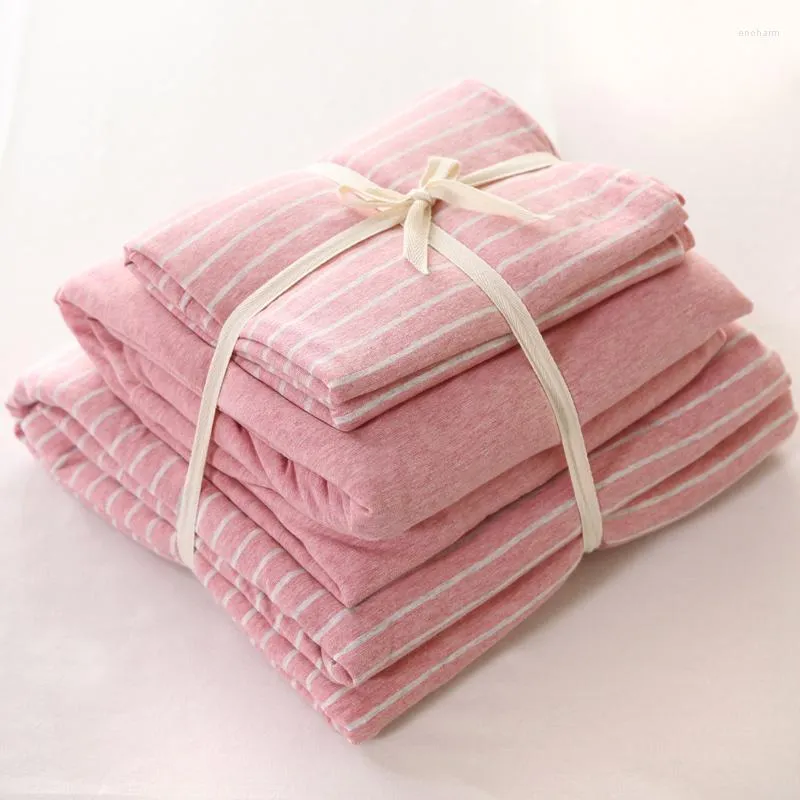 Ensembles de literie coton Jersey tricoté tissu 4 pièces ensemble de lit pour filles belle chambre rose rayure couverture couverture et solide drap-housse