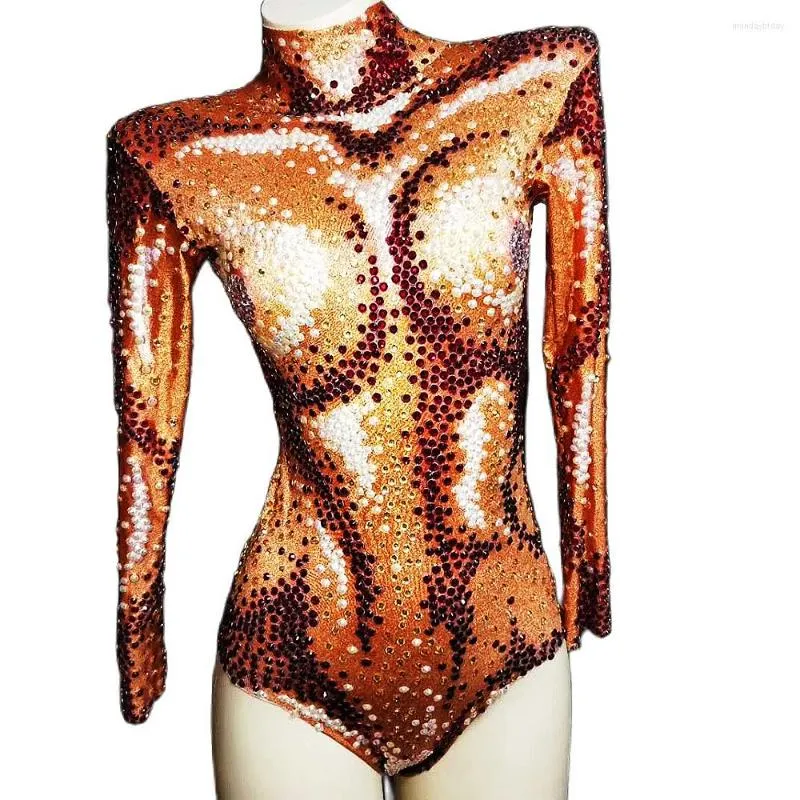 Stage Wear Luxury Glisten Strass Donna Body sexy Tute skinny elasticizzate marroni Pole Dancing Pagliaccetti Costumi da discoteca