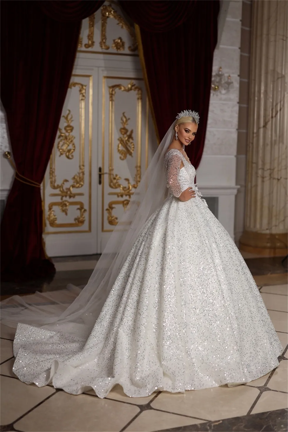 Gorgeous Ball Gown Wedding Dresses Square 3/4 Long Sleeves Shining Sequins Backless Zipper Court Gown Pleats Custom Made Bridal Gown Plus Size Vestidos De Novia