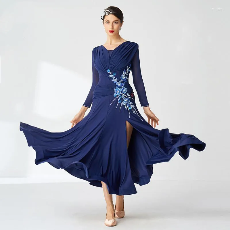 Stage Wear S Ballroom Blue Dress Vêtements standard pour la danse Concours de danse Robes-M-2023