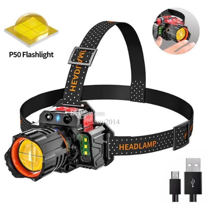 Outdoor Cycling Headlamp bike Motorcycle Headlight Super bright sensor Headlamps Rechargeable Miner Lamp zoomable T6 Led Headlamp 2 cob Lights for Hunting Running