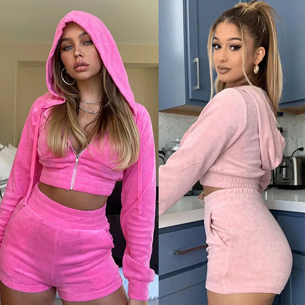 Women's Two Piece Pant Pink Casual Set Zipper Hoodie Crop Top and Pants Tracksuit Solid 2 Outfits Women Autumn Summer 230322