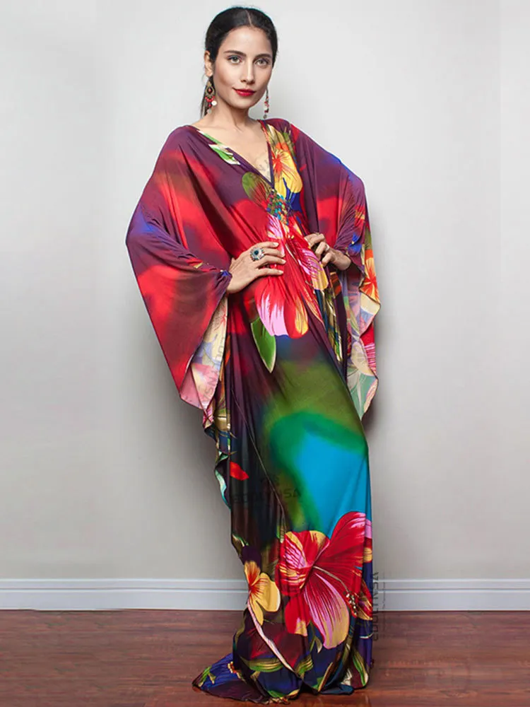 Women's Swimwear Print Maxi Dress Batwing Sleeve Tunic Spring Autumn Beach Dress Casual Plus Size Women Beachwear Kaftan Cover-ups Q1289 230323