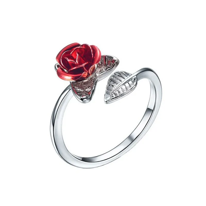 Kvinnor Öppna ringar Red Rose Flower Leaves Rings Ladies Justerbara fingerringar Mors dag Alla hjärtans dag Party SMEECHNIY GENTER