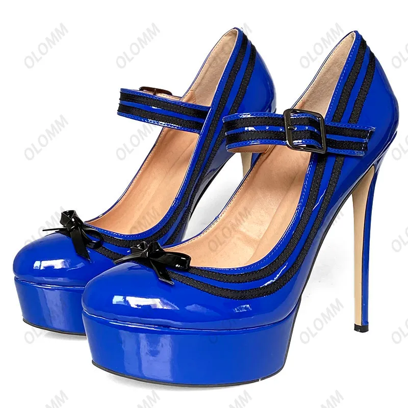 Olomm Handgemachte Frauen Frühling Glänzende Pumpen Knoten Sexy Stiletto High Heels Runde Kappe Schwarz Party Schuhe Frauen UNS Plus Größe 5-20