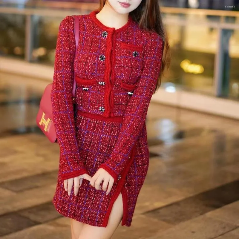 Giacche da donna Donna Piccolo Set profumato rosso moda Cappotto di lana a maniche lunghe Gonna avvolgente slim fit