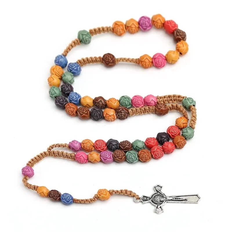 Colorful Cross Pendant Necklace Catholic Rose Rosary Jesus Christian Prayer Beaded Necklace Religious Jewelry