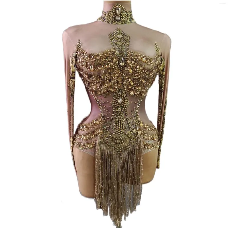 Scenkläder långa ärmar som lyser guld strass kristall sexig rygglös tofs -bodysuits för kvinnor nattklubb promkläder kostymer