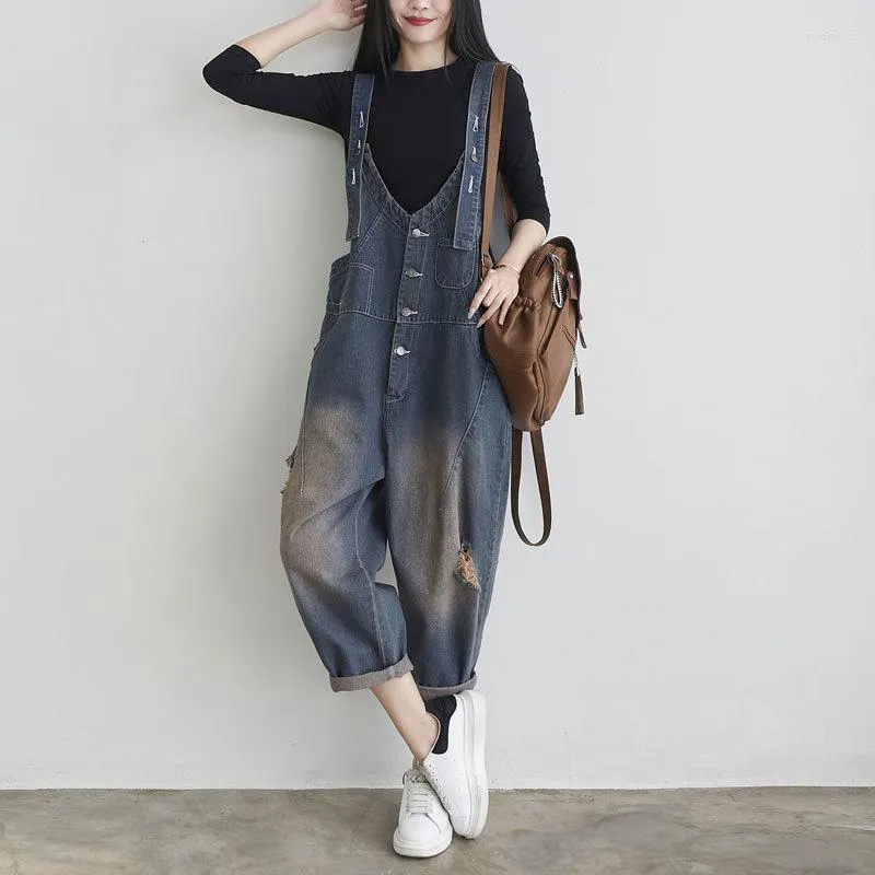 Women's Jeans Women Casual Loose Spring Water Washed Hole 3D Cutting Stitching Suspender Pants Korean Style Overalls Trousers