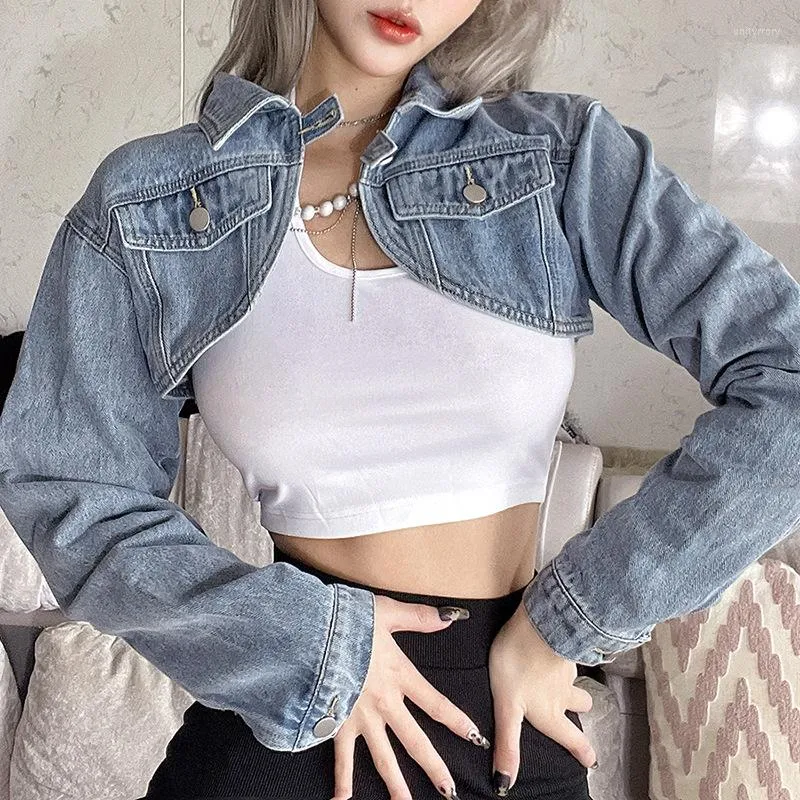 Damenjacken Damen Denim Weiblich Casual Langarm Revers Kurz Jean Jacke Mädchen Y2K Streetwear Frühling Schal Bluse Solid Slim Mantel