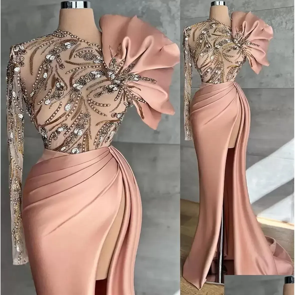 Hellkorallenrote Abendkleider mit langen Ärmeln, Meerjungfrau, Kristallen, Pailletten, One-Shoulder-Kleid, sexy Illusion, bodenlang, Übergröße, hoch geschlitztes Abendkleid, formell, individuell