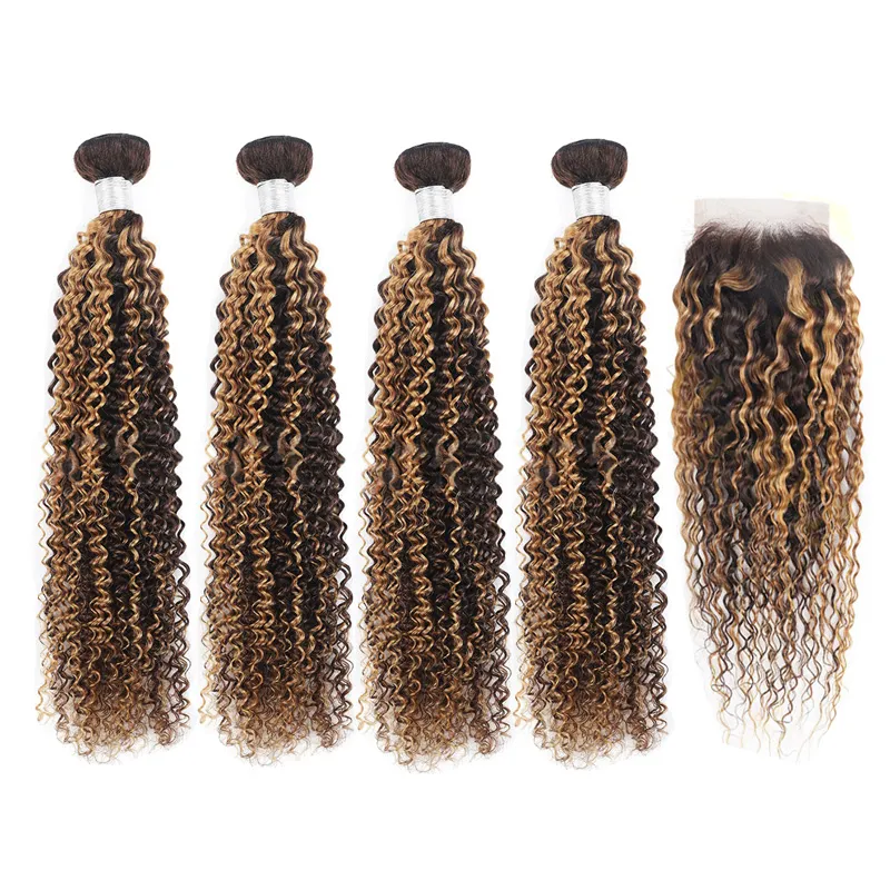 Brasilianskt människolhår P4/27 Piano Color Kinky Curly Double Wefts med 4x4 spetsstängning 5 st/mycket yirubeauty