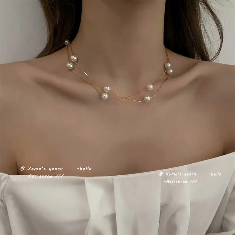 Hangende kettingen Europese en Amerikaanse elegante doublelager Pearl String Choker ketting Koreaanse mode -sieraden Sexy sleutelbeenketen voor vrouw Z0321