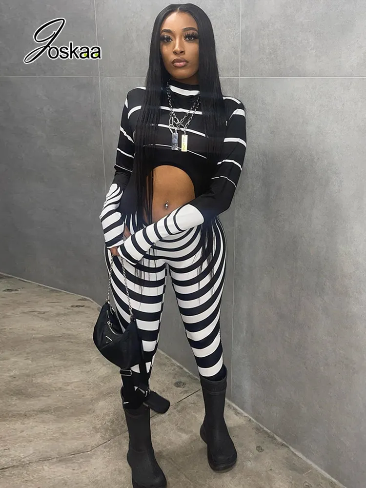 Kobiety Jumpsuits Rompers Joskaa Black White Stripe pusta długie rękawie Trend Koszyt Kobiet Moda Fitness Sport Bodycon Romper Seksowna streetwear 230323