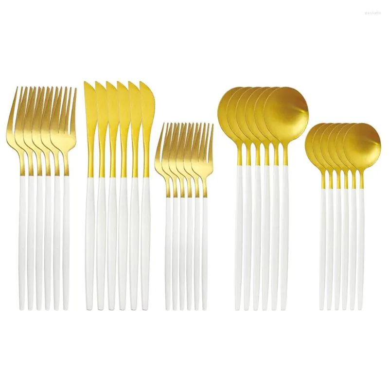 Dinnerware Sets 30Pcs White Gold Cutlery Set Knife Dessert Fork Spoon Dinner Tableware Stainless Steel Kitchen Silverware