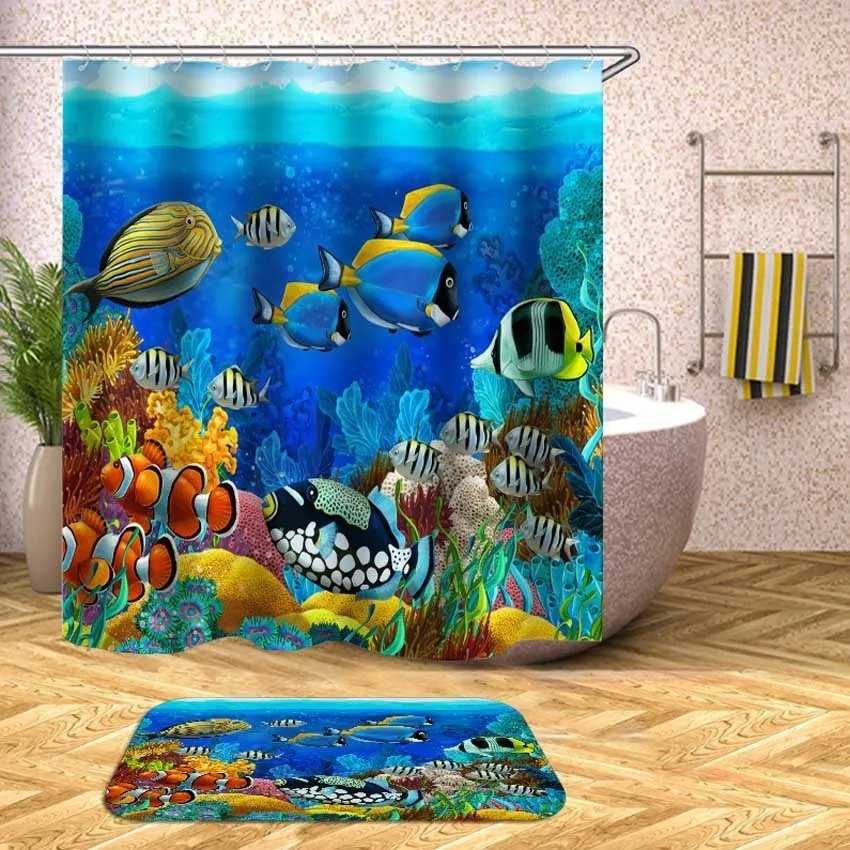 Shower Curtains Tropical Fish Shower Curtain Undersea Turtle Waterproof Bath Curtains for Bathroom Bathtub Bathing Cover Large Wide 12pcs Hooks 230323