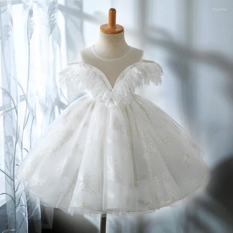 Mädchenkleider Prinzessin Geburtstagsfeier für weiße Spitzenärmel A-Line Ballkleid Tüll Kinder Hochzeit Blume Mädchen Vestido