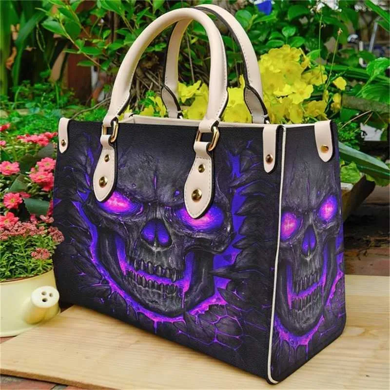 Skull Leather Bag Handbag Purse for Women Fashion Small Casual Tote Luxury Shoulder Messenger Purple Bolsa Female Top-handle Sac