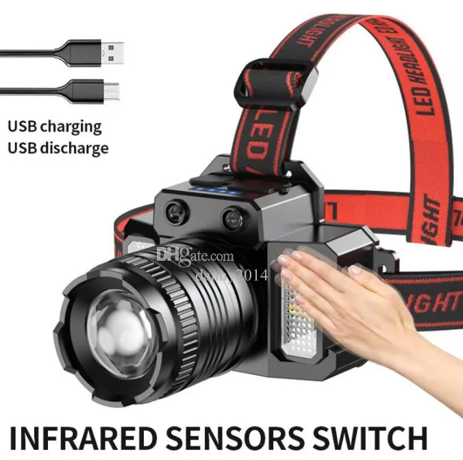 Taktische militärische Stirnlampen-Taschenlampe, wiederaufladbar, USB-Infrarotsensor, zoombare Stirnlampen, hellste rot-blaue Blinklicht-Scheinwerfer, Radfahren, Laufen, Stirnlampe