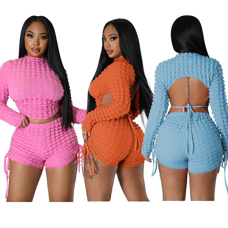 African Shorts Sets Women Lace Up Backless Tops And Shorts Suit Fashion New Solid Jacquard Sexy Casual Homewear African Outfits