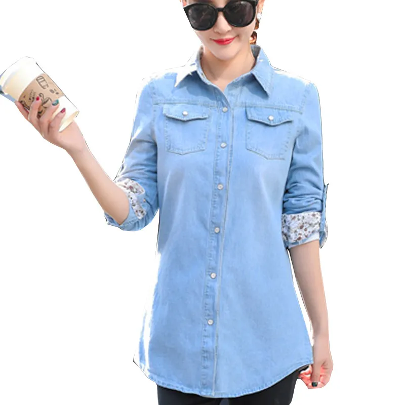 Women's Blouses Shirts Women Tops and Blouses Denim Shirts for Ladies Top Autumn Long Sleeve Blue Jeans Shirt Plus Size S~3XL Chemise Blusas Mujer 230323