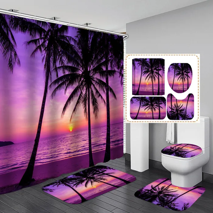 Cortinas de chuveiro 3D Dusk praia Tree de coco árvore de chuveiro impermeável cortinas de poliéster roxo conjuntos de banheiros Toliet tampa de tampa sem deslizamento tapete de tapete de tapete 230323