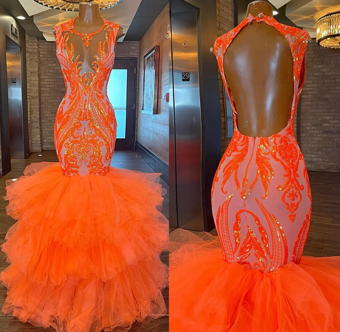 Orange Ebi Arabic Aso Mermaid Prom Dresses Sequined Lace Evening Formal Party Second Reception Birthday Engagement Bridesmaid Gowns Dress ZJ