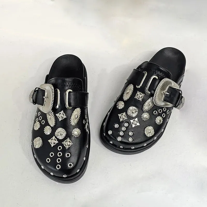 Slippers Summer Women Slippers Platform Rivets Punk Rock Leather Mules Creative Metal Fittings Casual Party Shoes Female Outdoor Slides 230323
