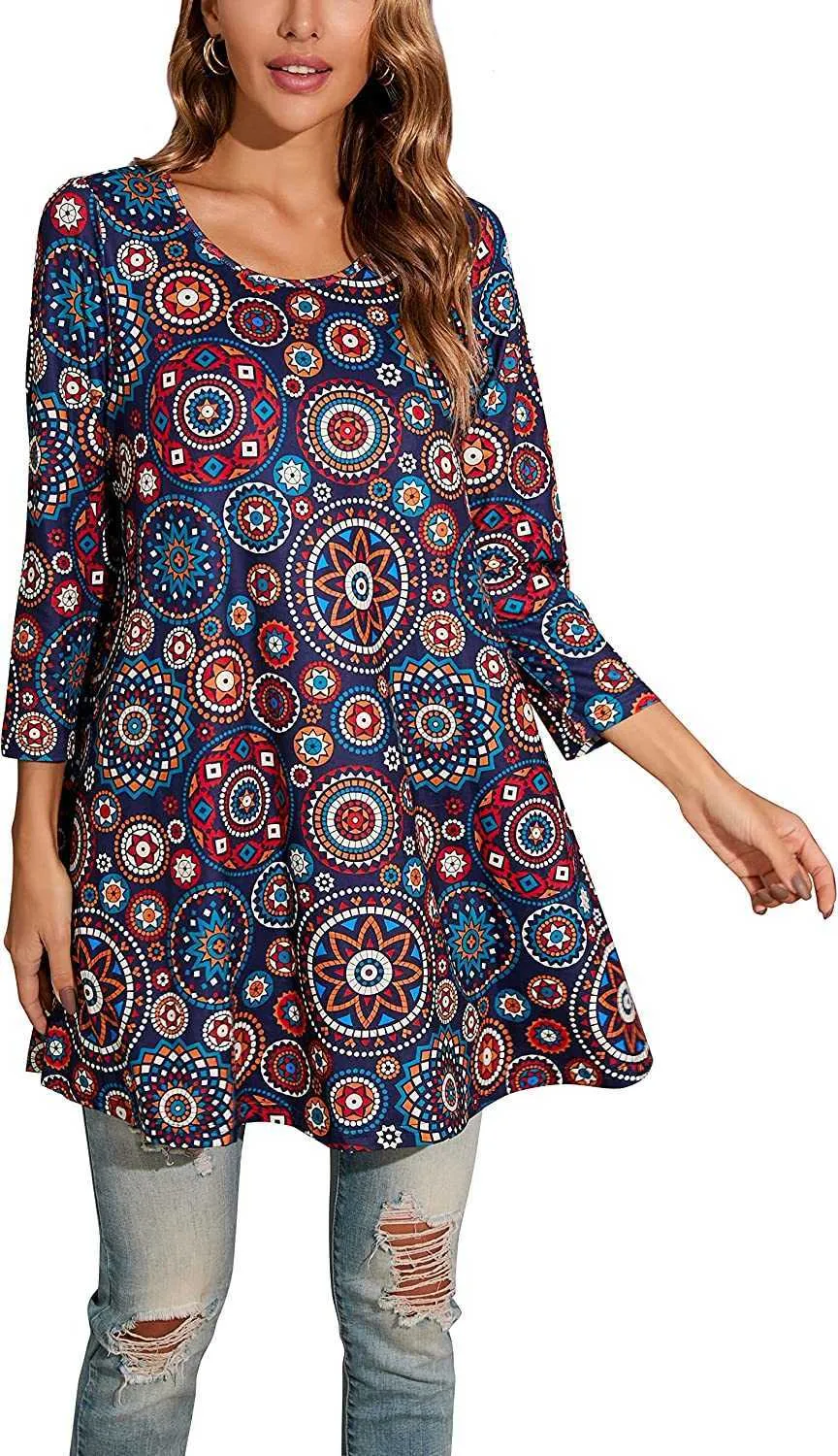 ENMAIN Plus Size Flowy Tops Paisley Floral Swing Flare Tunic Top