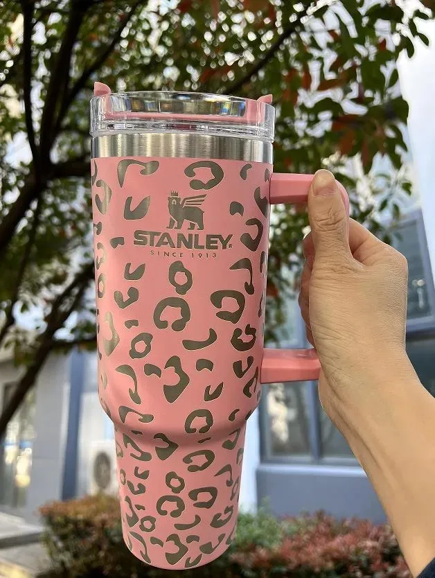 1pc 40oz Stainless Steel Tumbler with Handle Lid Straw Big Capacity Beer Mug Leopard Water Bottle Stanley Outdoor Camping Cup Vacuum Insulated Drinking Cups bb0302