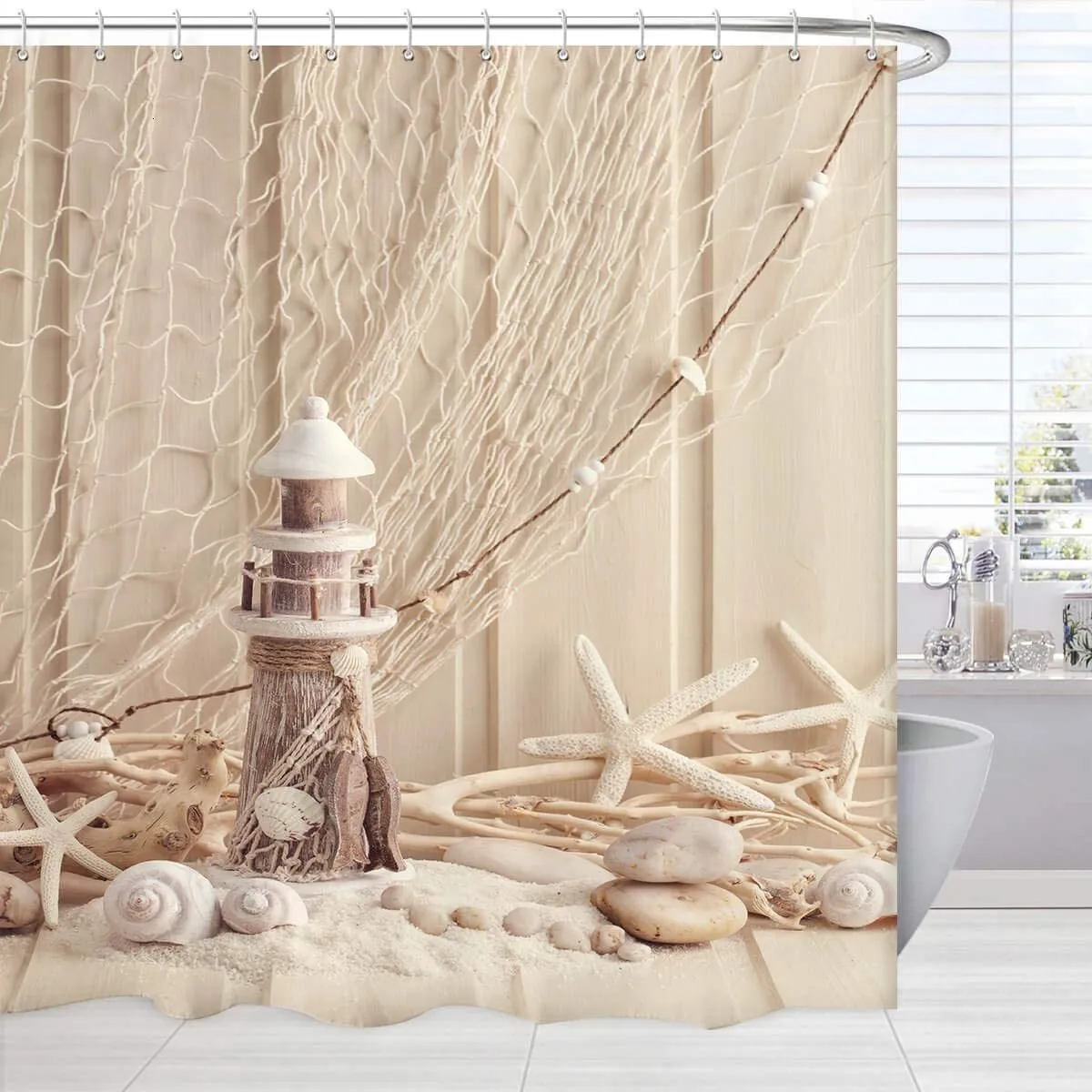 Rustic Farmhouse Shower Curtain Nautical Decor Shower CurtainLong Coastal Sea  Shell Fishing Net Lighthouse Starfish Ocean Beach Fabric Bathroom Decor Set  230323 From Yao10, $10.13