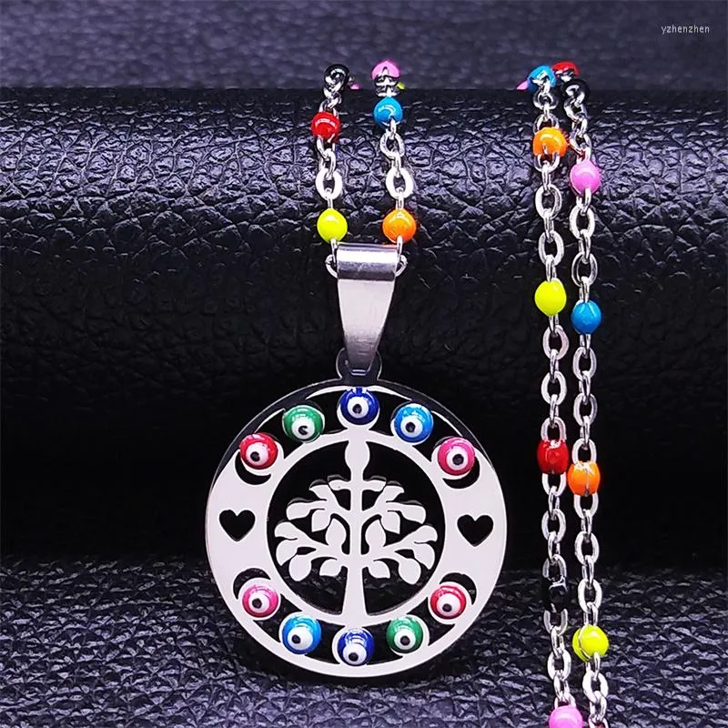 Anhänger Halsketten Baum des Lebens Edelstahl Islam Muslim Halskette Charme Silber Farbe Bunte Türkei Augen Schmuck Colares N5208S04