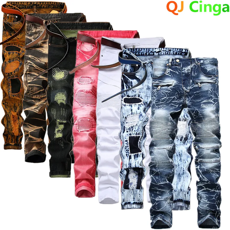 Mens Jeans Fashionable Mens Motorcycle Jeans Pleated Holes Decorative Denim Pants Men Blue White Red Green Yellow Casual Trousers 230323