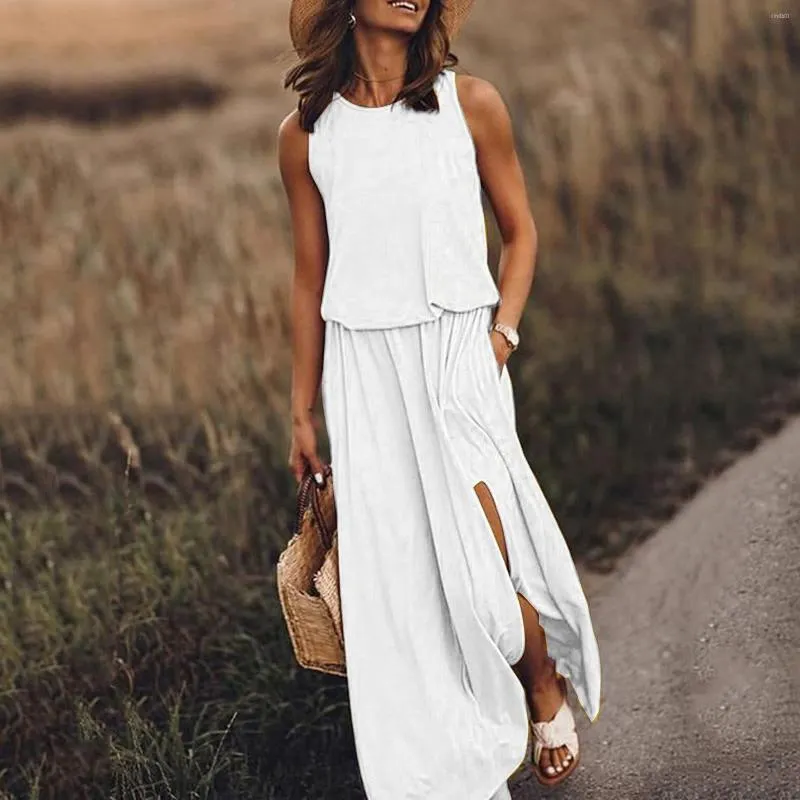 Casual jurken mouwloze lange maxi jurk vrouwen zomer sexy zijsplaraat designer stijl mode zonsondergang vrouwelijk solide los