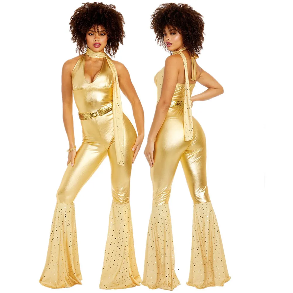 70s Super Chic Costume Adult Jumpsuit Gold Silver 70s Super Chic Costume Adult Jumpsuit Gold Silver