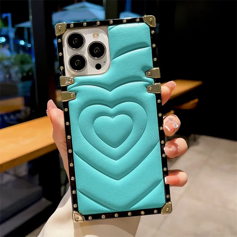 Luxury 3D Love Heart Phone Case för Samsung Galaxy S23 S22 S21 FE Note20 Ultra Plus A14 A13 A12 A52 A53 A72 A73 Premium Leather Square stockskydd