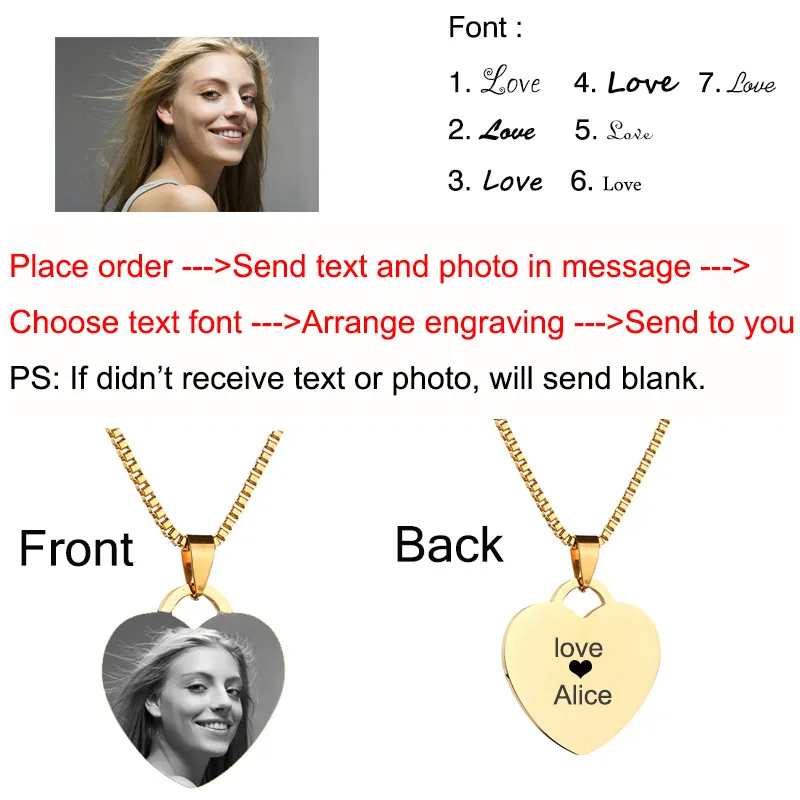 Custom Photo Necklace for Women Engraved Stainless Steel Heart Pendant Personalized Gift DIY lettering making