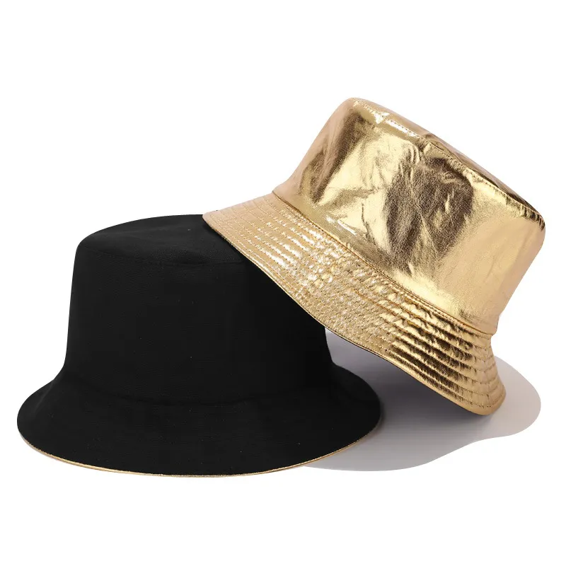 Chapeaux seau en cuir PU doré à la mode, chapeau de pêcheur réversible unisexe argenté pour les amoureux, casquettes de randonnée imperméables HCS251