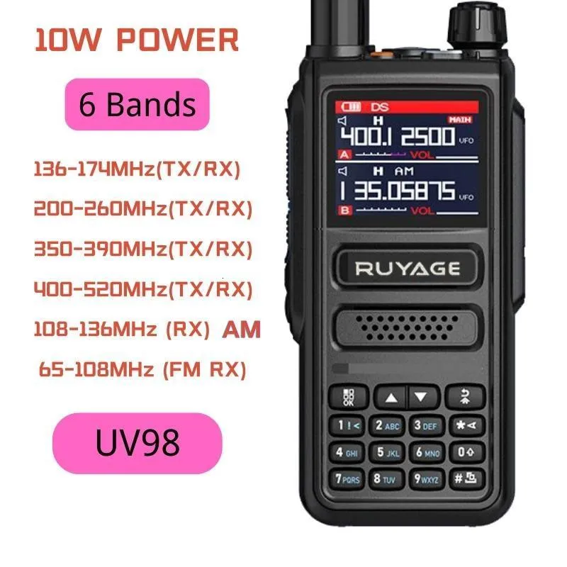 Walkie Talkie Ruyage UV98 6 Bands Amateur Ham Двухчастотная радиостанция 256CH 10W Air Band NOAA LCD Color Scanner Aviation 230323