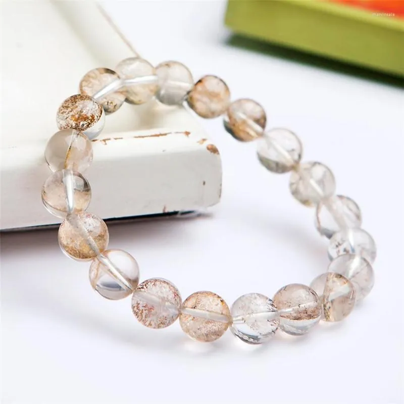 Hebra de 10mm de madera petrificada Natural, cristal más raro que contiene pulsera de hoja de árbol, pulseras elásticas de cuentas redondas curativas para mujer