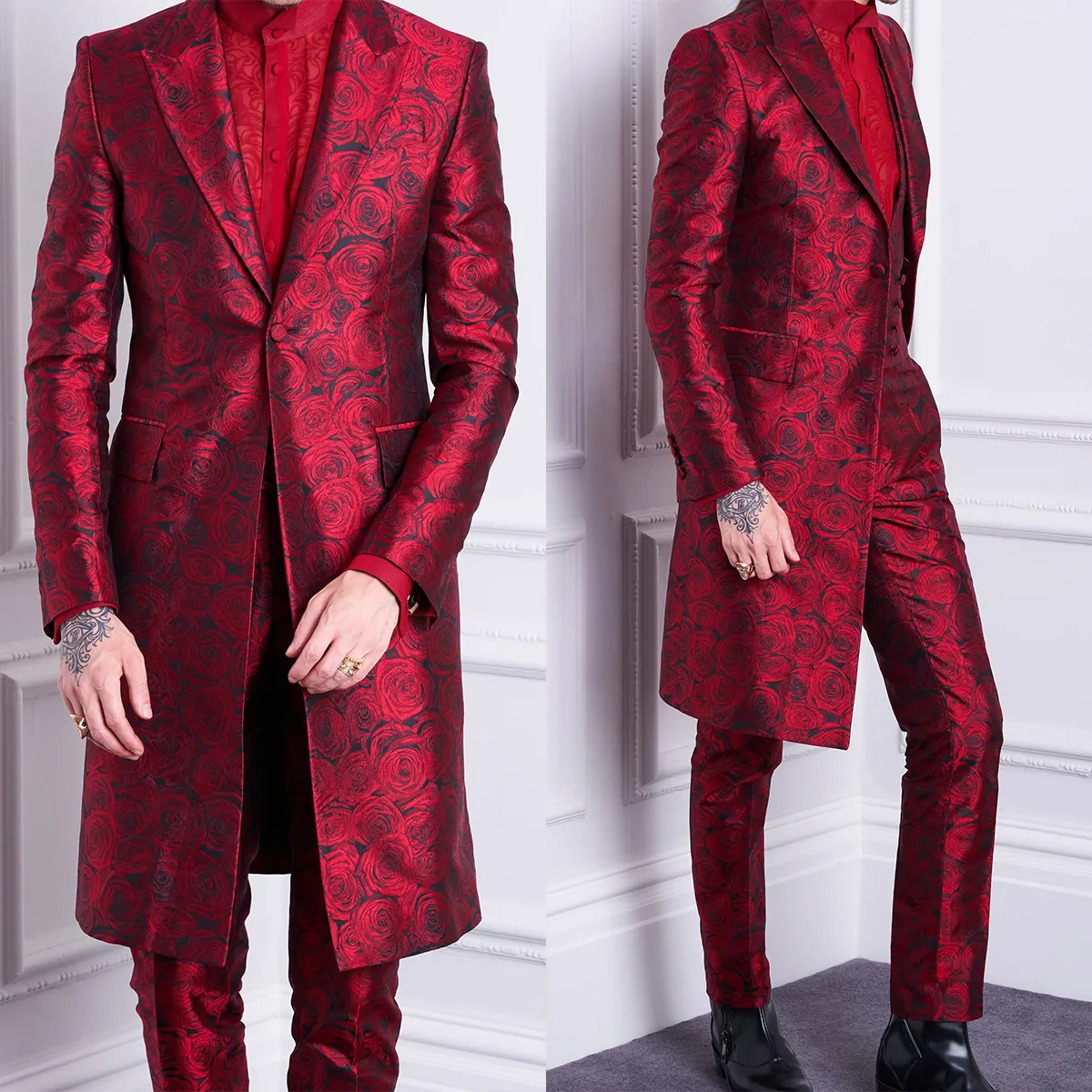 High-end Rose Flower Printing Mens Tuxedo Abiti floreali Giacche Pantaloni Wedding Party Slim Fit Uomo Blazer Set Plus Size