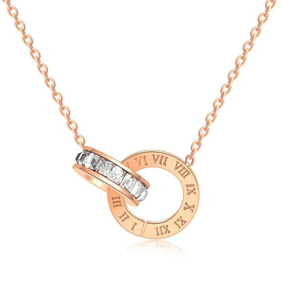 High Polishing Women Fashion Stainless Steel Cubic Roman Numberals Double Circle Pendant Necklace 18K Rose Gold 316L Lady Necklace257C