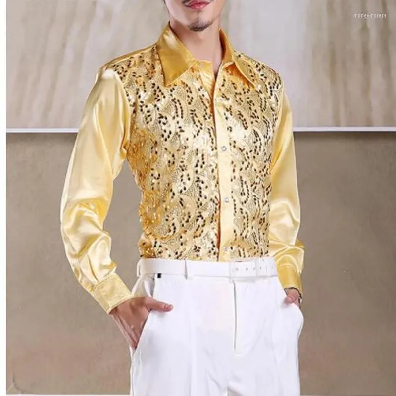 メンズカジュアルシャツ光沢のあるゴールドスパンコールグリッター長袖シャツメン2023ファッションナイトクラブパーティーステージコーラスケムズ