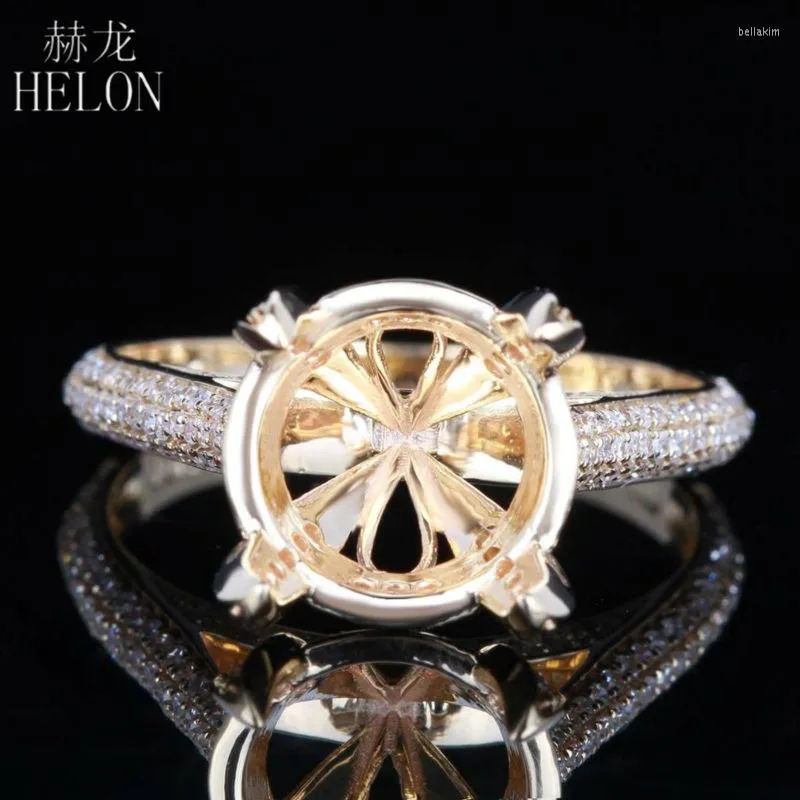 حلقات الكتلة Helon 10-11mm Round Cut Real 14k Gold Gold 0.42ct Diamond Completing Semi Mount Ling Ring Women Jewely Jewelry