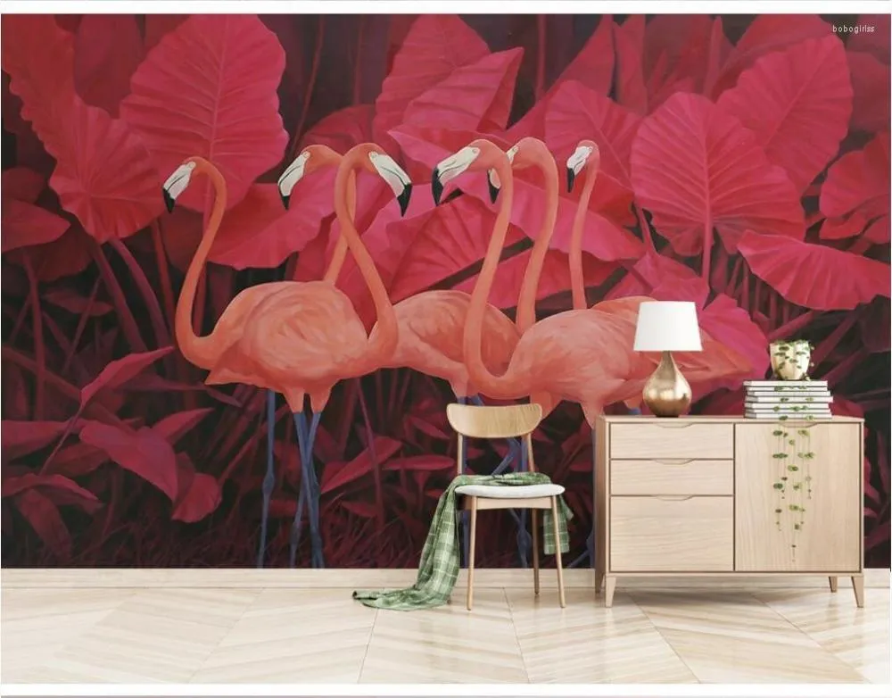 Wallpapers Benutzerdefinierte große Wandtapete Rote tropische Pflanzenblätter Flamingo Hintergrund Wandverkleidung